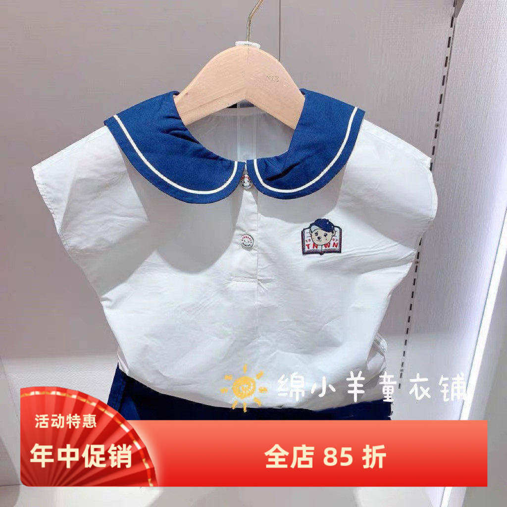 验货2025年夏季新款小熊童装帅气吸汗男宝纯棉海军风短袖短裤套装