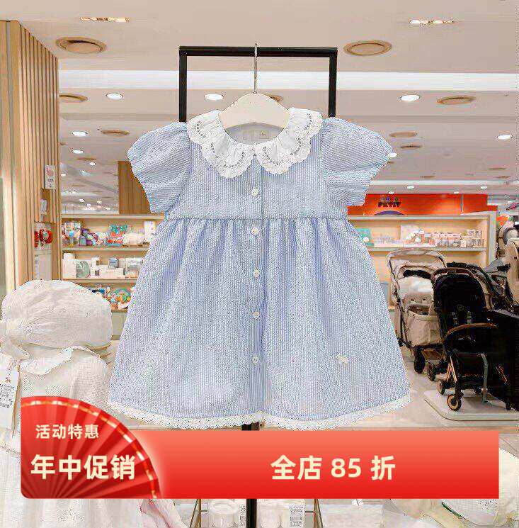 验货2025夏季新款小木马童装女宝蕾丝领蓝色衬衫田园风婴儿连衣裙