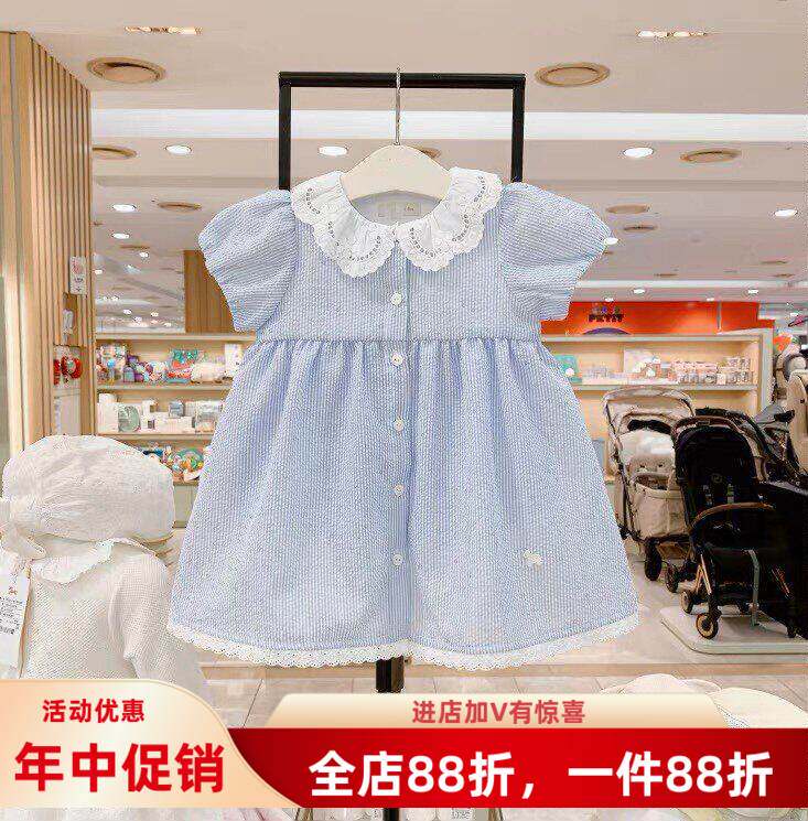 验货2025夏季新款小木马童装女宝蕾丝领蓝色衬衫田园风婴儿连衣裙