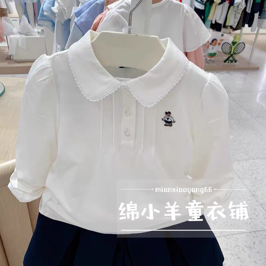 TB童装2023秋季韩国代买童装女童学院风翻领T恤打底衫白色纯棉