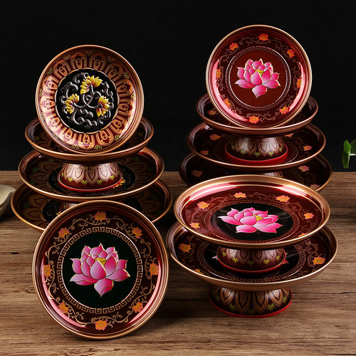 果盘高脚盘家用合金莲花盘彩绘