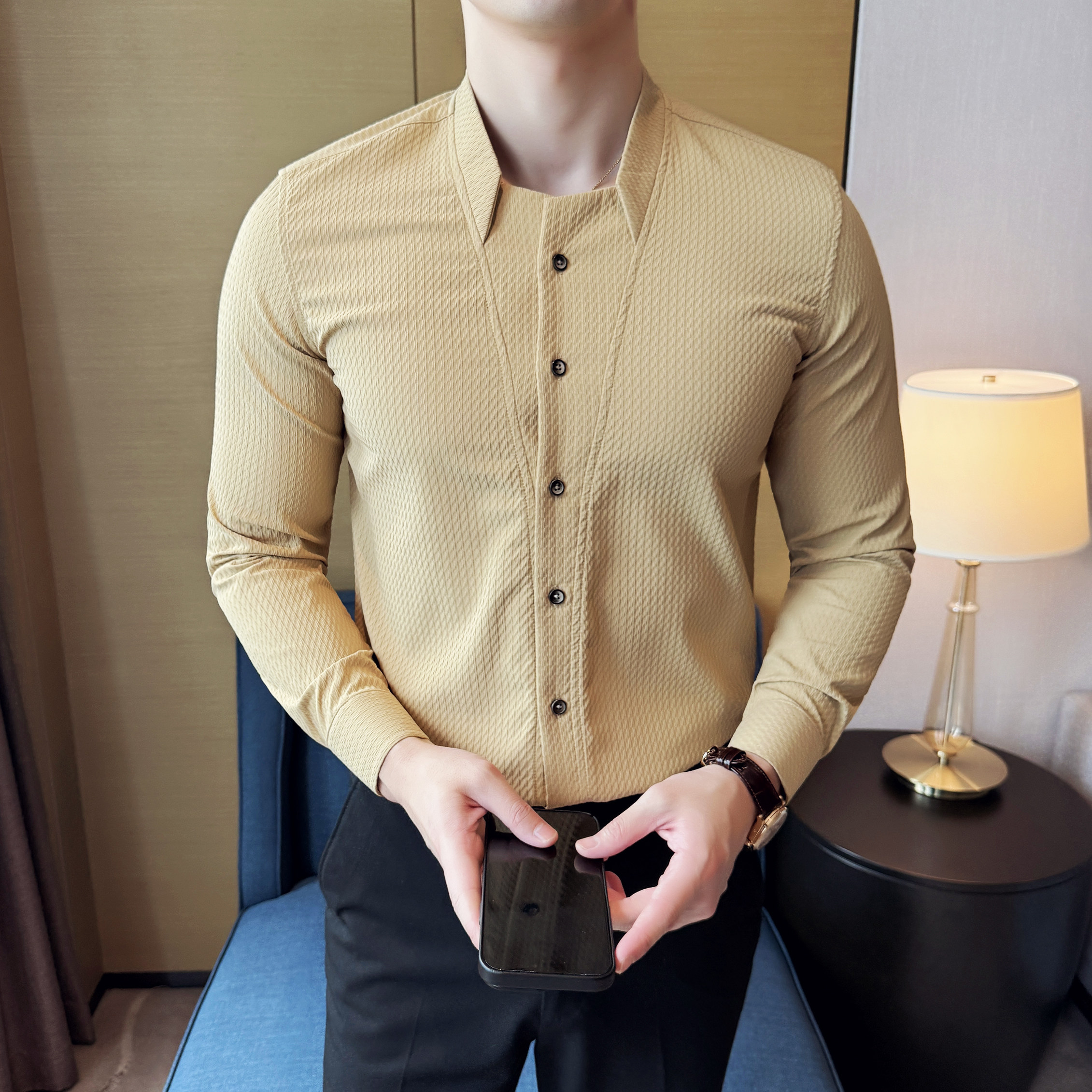 男士立领格纹长袖衬衫商务休闲时尚免熨衬衣男CS047-P63,男装衬衫,星座1606-1