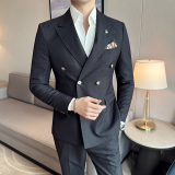 韩版修身西服纯色暗格条纹双排扣西装套装1837-P225，男装西服，星座1606-1