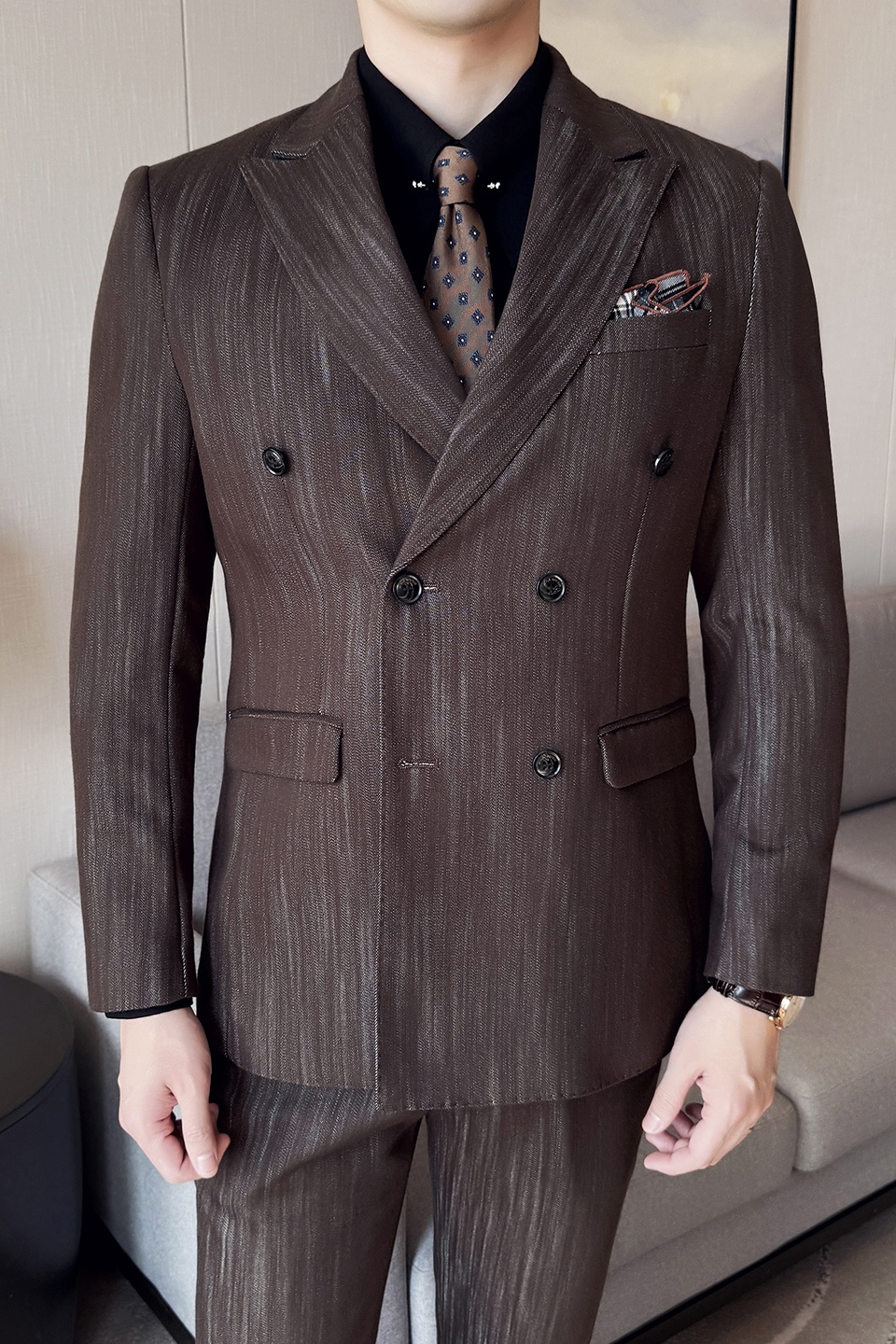 男士商务休闲西服莱赛尔醋酸条纹双排扣西装套装2531-P290，男装西服套装，星座1606-1