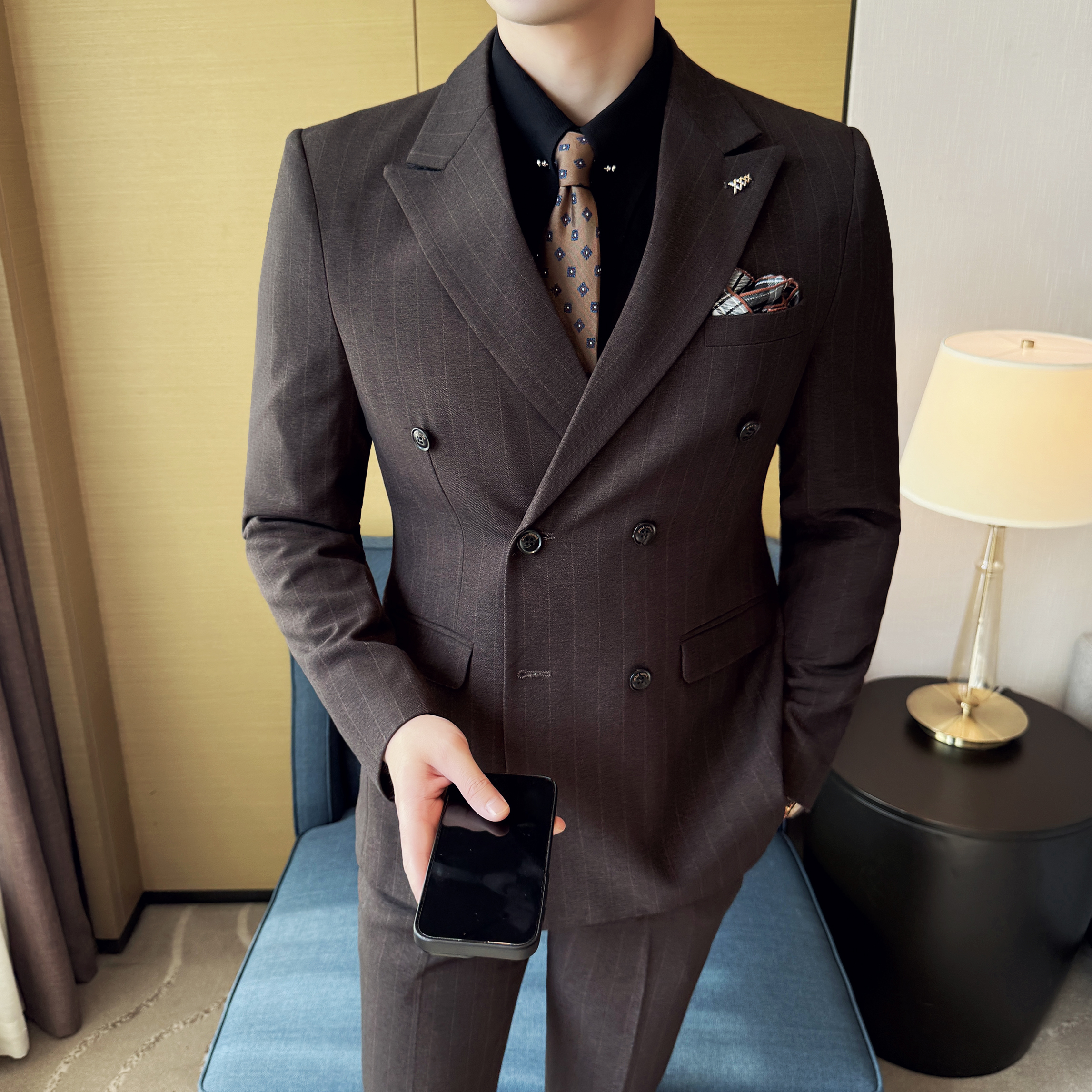 简约男士商务休闲西装韩版修身双排扣条纹西服2515-P285，男装西服套装，星座1606-1
