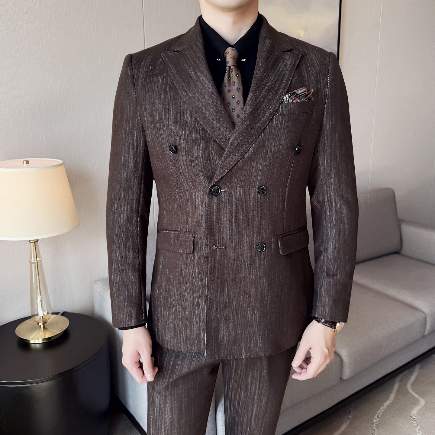 男士商务休闲西服莱赛尔醋酸条纹双排扣西装套装2531-P290，男装西服套装，星座1606-1