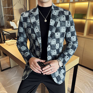 提花牛仔韩版修身西服时尚潮流休闲西装DX30-P168图片