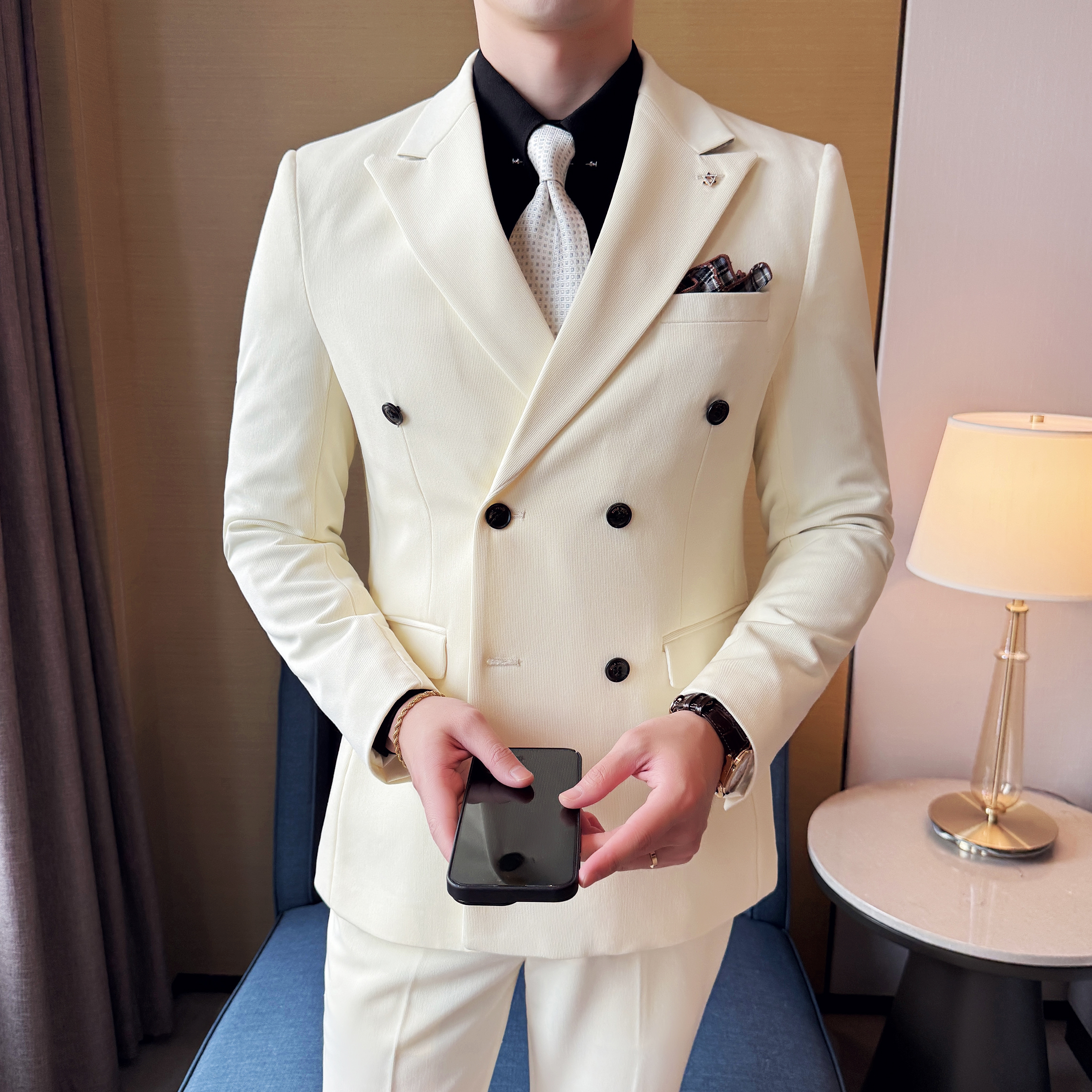 男士双排扣商务休闲西装韩版修身纯色暗纹西服三件套2513-P280，男装西服套装，星座1606-1