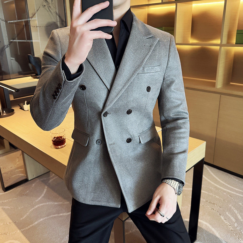 韩版修身西服麂皮绒烫金斜纹双排扣西装外套DX17-P158,男装西服,星座1606-1