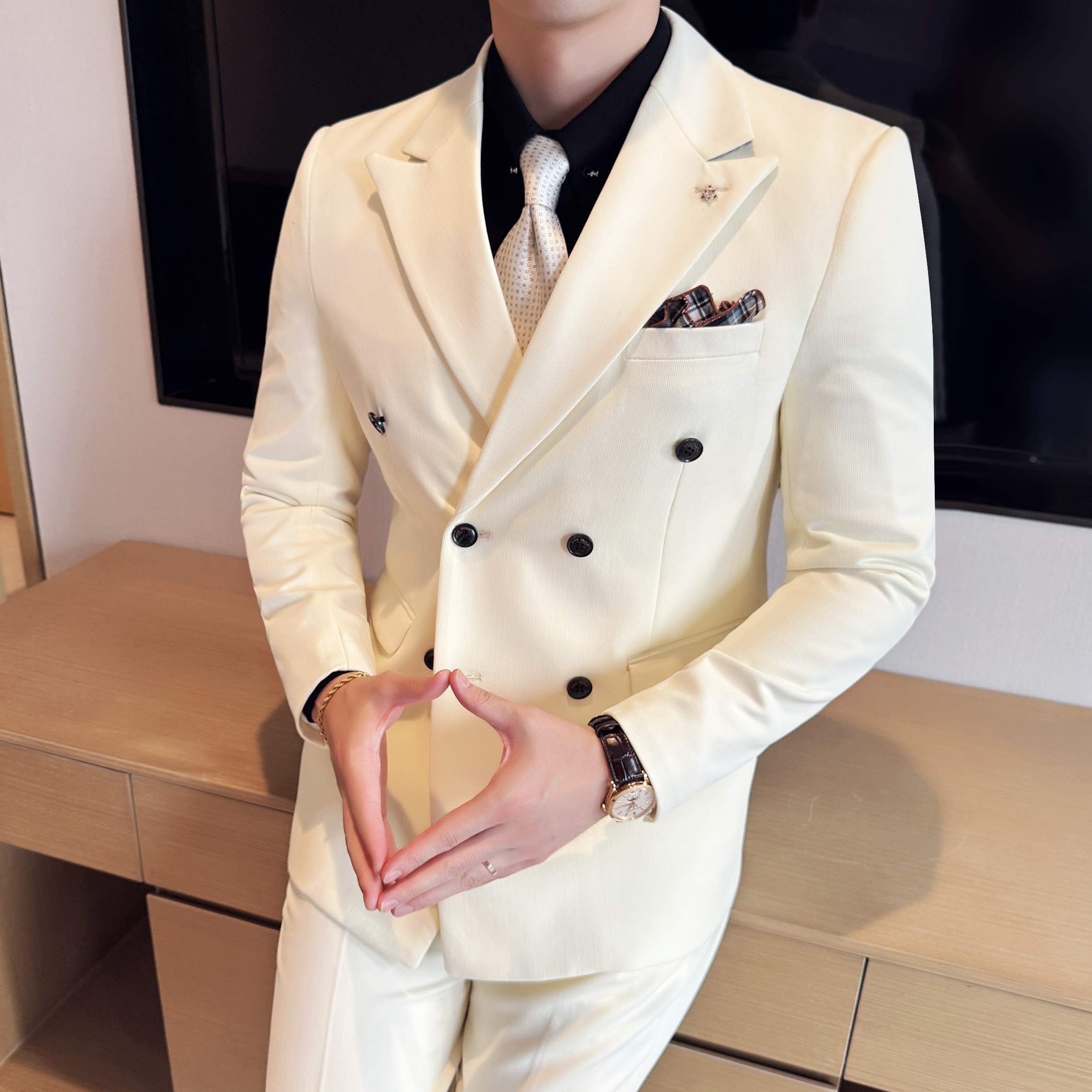 男士双排扣商务休闲西装韩版修身纯色暗纹西服三件套2513-P280，男装西服套装，星座1606-1