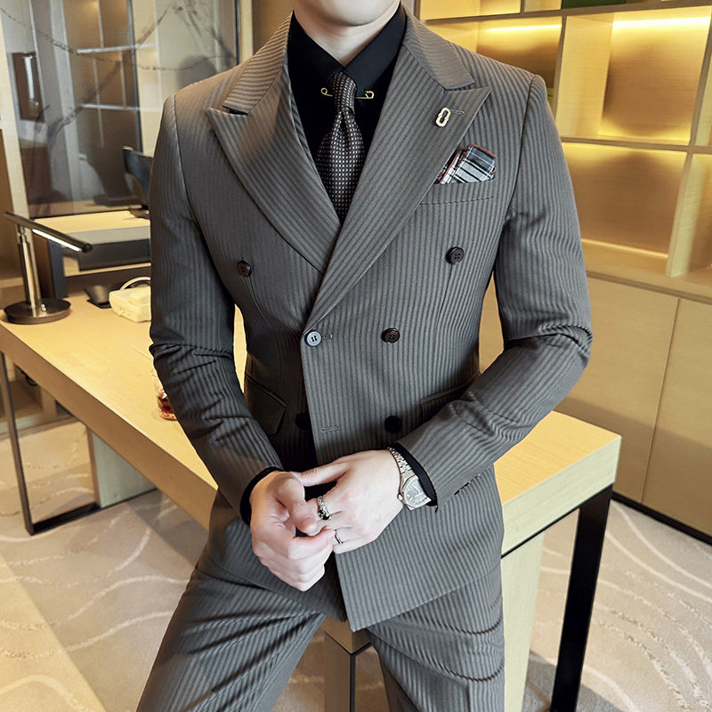 韩版修身西服时尚条纹双排扣西装三件套2410-P275,男装西服,星座1606-1