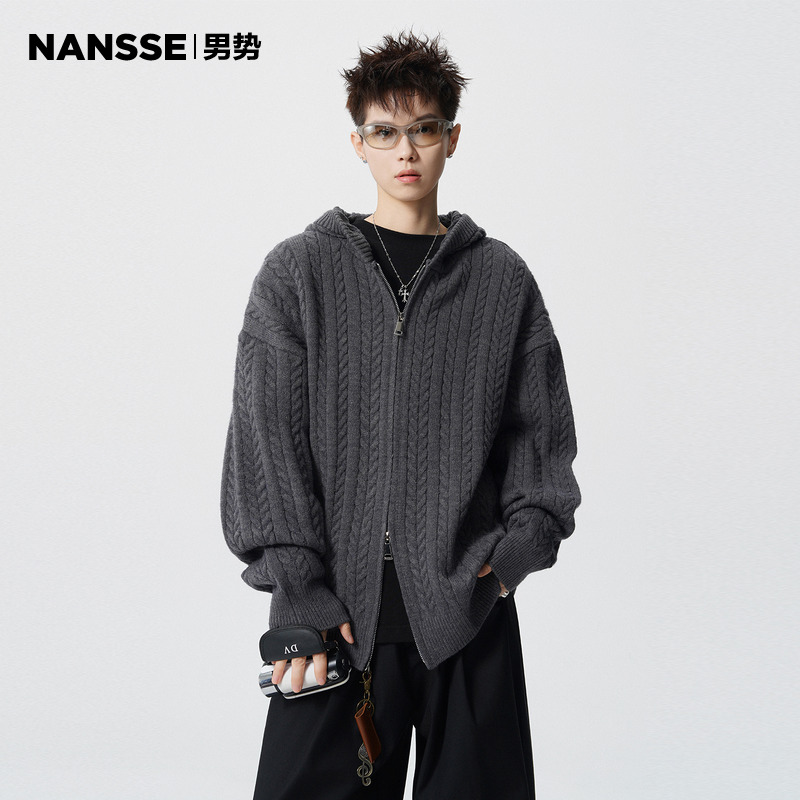潮牌双拉链连帽毛衣男秋冬季复古痞帅宽松纯色麻花百搭针织衫外套