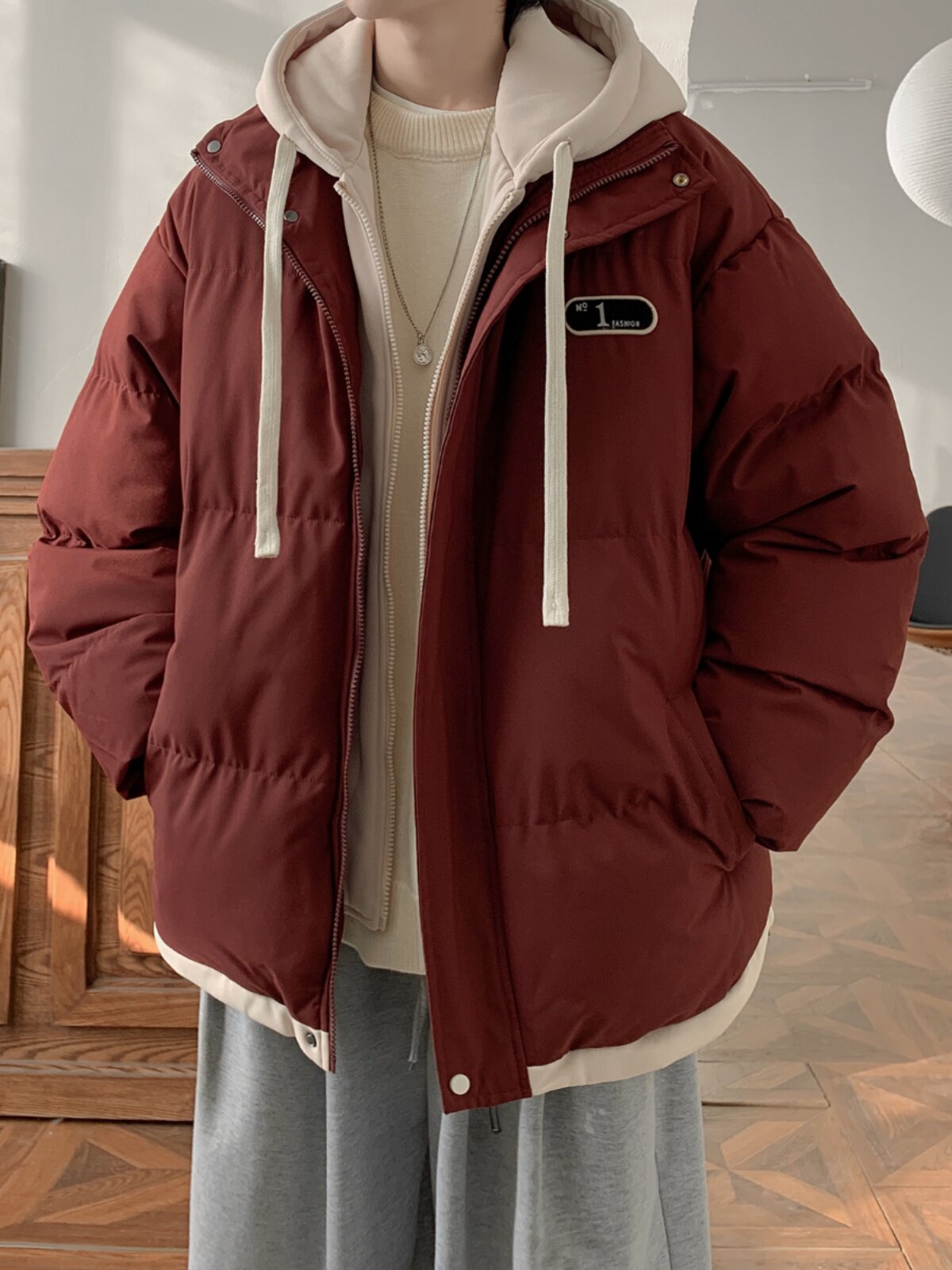 FAKE TWO PIECES OF COTTON CLOTHING MENS WINTER LOOSE CASUAL THICKENED WARM COTTON JACKET JAPANESE TREND HOODED COTTON JACKET