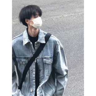潮流潮牌百搭水洗痞帥寬松休閑工裝 夾克 復古牛仔外套男春秋季 美式