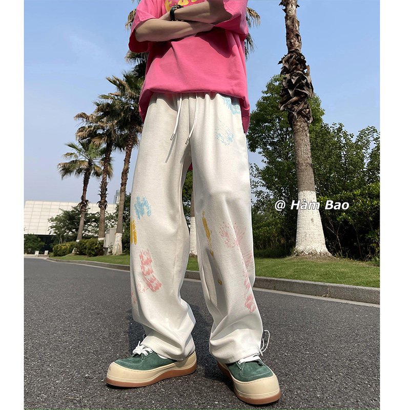 裤子男款春季新款多巴胺彩绘刷漆运动裤潮牌抽绳直筒宽松休闲长裤