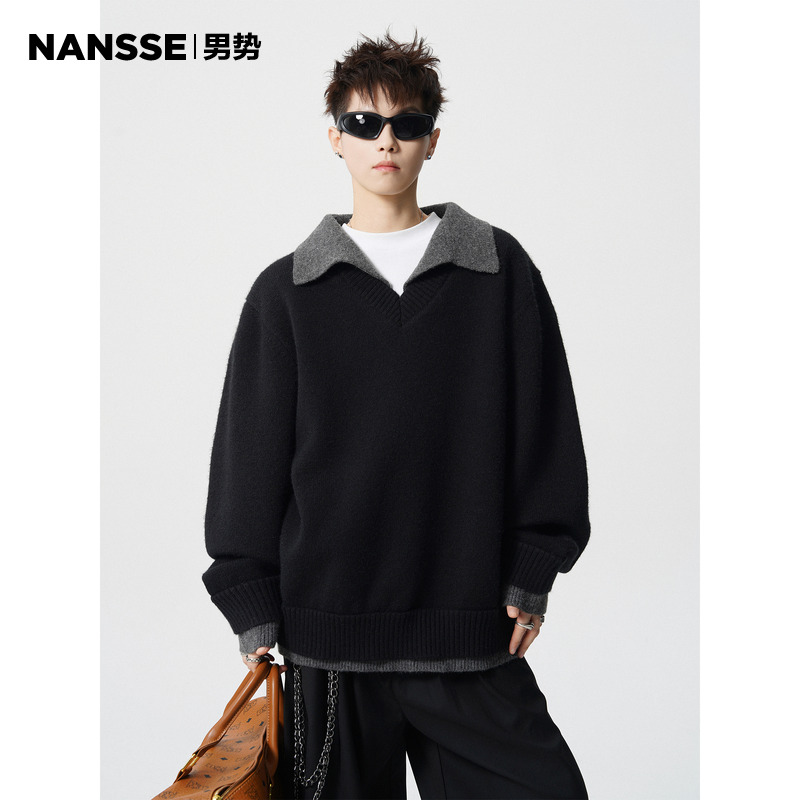 美式假两件V领毛衣男生秋冬新款