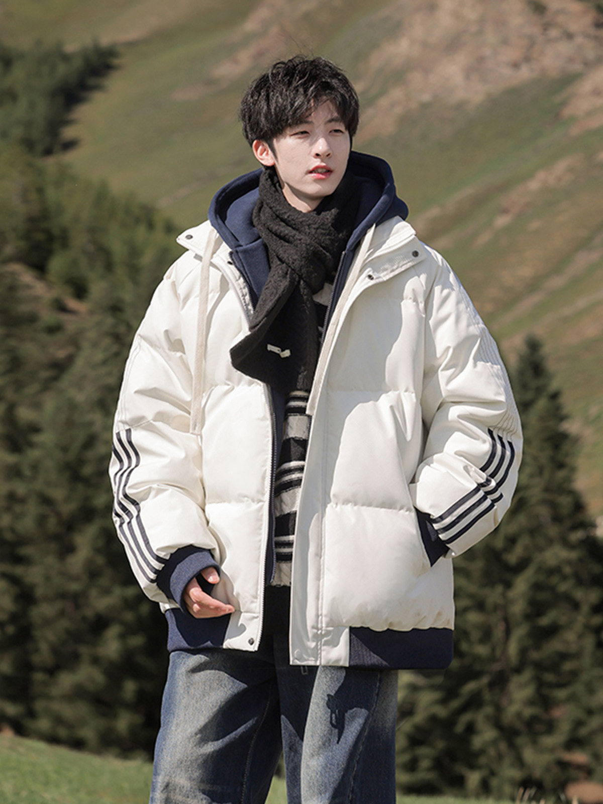 FAKE TWO PIECES OF COTTON CLOTHING MENS WINTER LOOSE CASUAL THICKENED WARM COTTON JACKET JAPANESE TREND HOODED COTTON JACKET