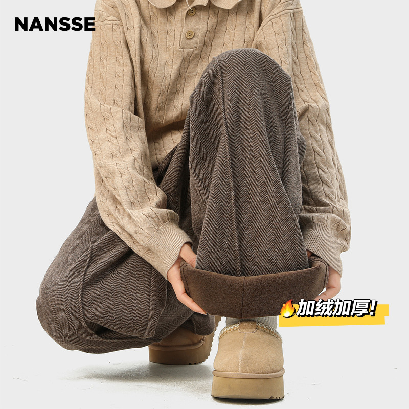 美拉德咖色拼接休闲裤子男生秋冬