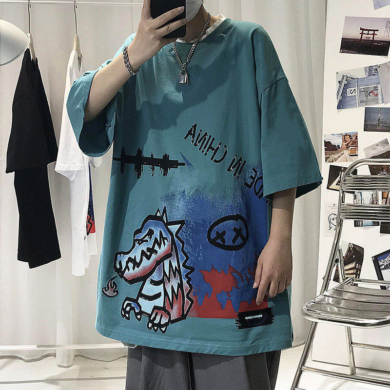 夏季潮牌短袖男2020网红t恤潮流宽松七分袖港风ins百搭涂鸦半截袖