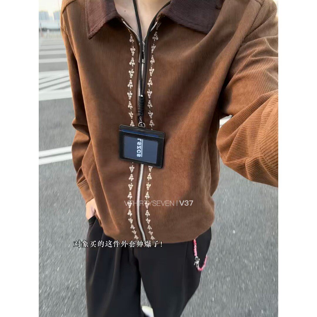 美式复古感夹克外套男秋冬季翻领灯芯绒设计花纹休闲宽松拉链开衫