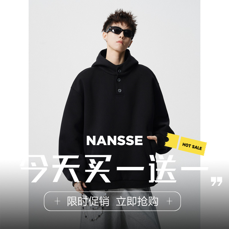 美式重磅排扣连帽卫衣男女秋冬季