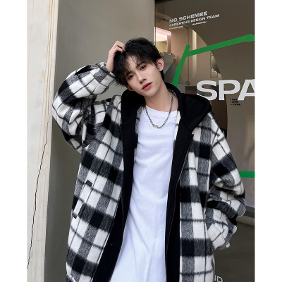 格子呢子连帽外套男秋冬新款