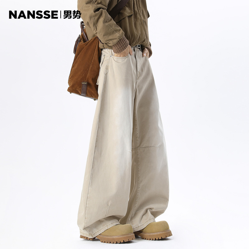 潮牌水洗做旧拼接工装裤男秋冬