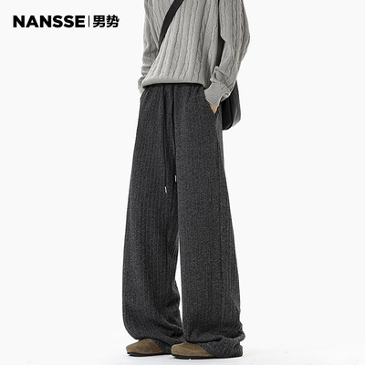 美式银狐绒保暖加绒条纹休闲裤男