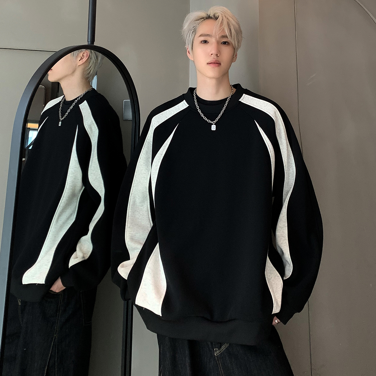 美式条纹拼接卫衣男2025春秋季