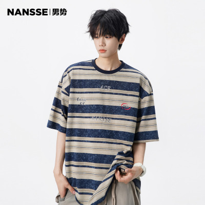 NANSSE美式条纹短袖t恤男夏季新