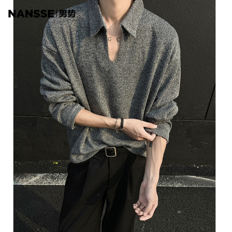 老钱风麦穗v领长袖T恤男2025春秋新款美式高级感polo衫内搭打底衫