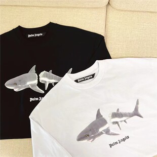t恤 palm棕榈天使angles鲨鱼图案圆领黑白宽松五分半袖 高版 本21ss