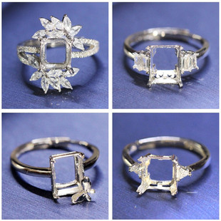 雷迪恩冰花切割专用戒指托空托女方形戒托免费镶嵌925纯银镀18K金