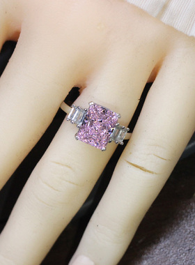 冰花切浅粉钻戒指女高碳钻