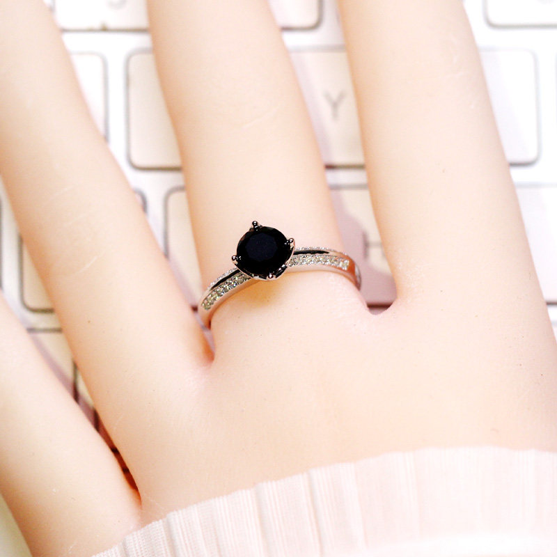 1克拉黑钻戒指女黑色个性纯银镀18k金白金高级感开口可调节食指戒
