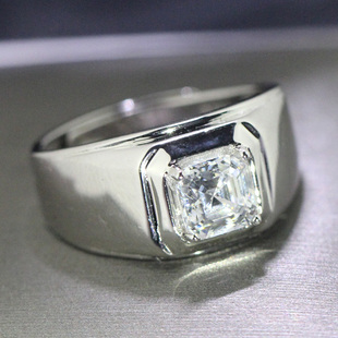 方形男款戒指纯银度18K金铂金培育钻石白钻戒指环潮牌精致松弛风