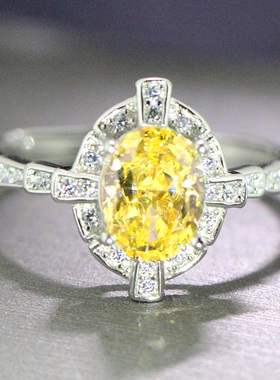 冰花切黄钻戒指女小众设计鸽子蛋正品高碳钻纯银度铂金轻奢浅黄色