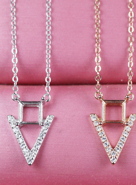 公主方直角正方形项链托吊坠空托锁骨链925纯银镀18K金V字女套链