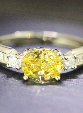 横版鸽子蛋黄钻戒指女款纯银度铂金冰花切亮黄色高碳钻正品日韩版