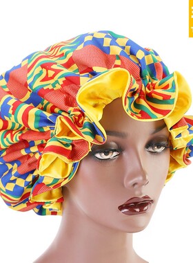 非洲印花大花边圆帽双层色丁睡帽民族头巾帽简便套头帽bonnet