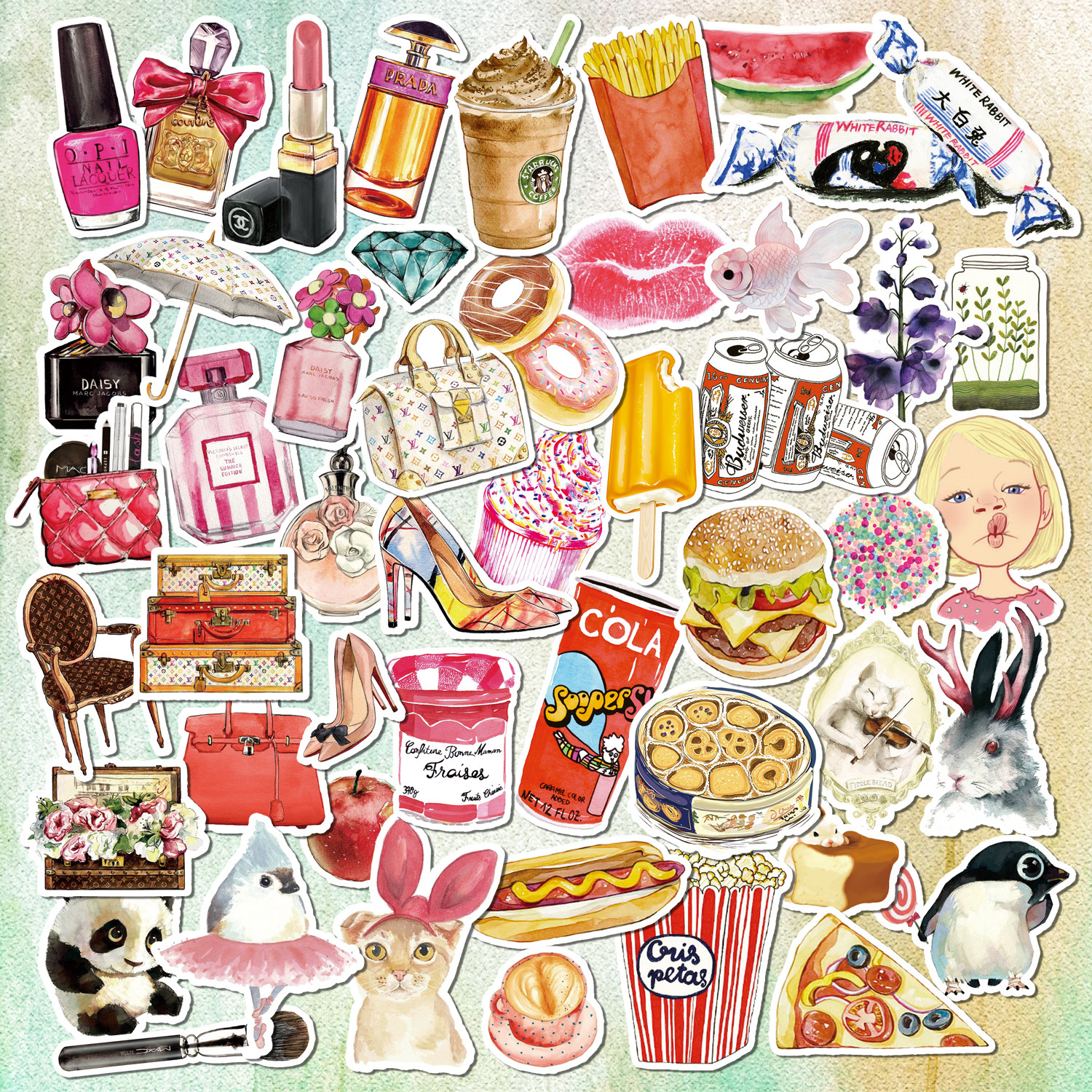 手绘油画食物奢侈品旅行箱贴纸笔记本电脑ipad手机拉杆箱防水贴画