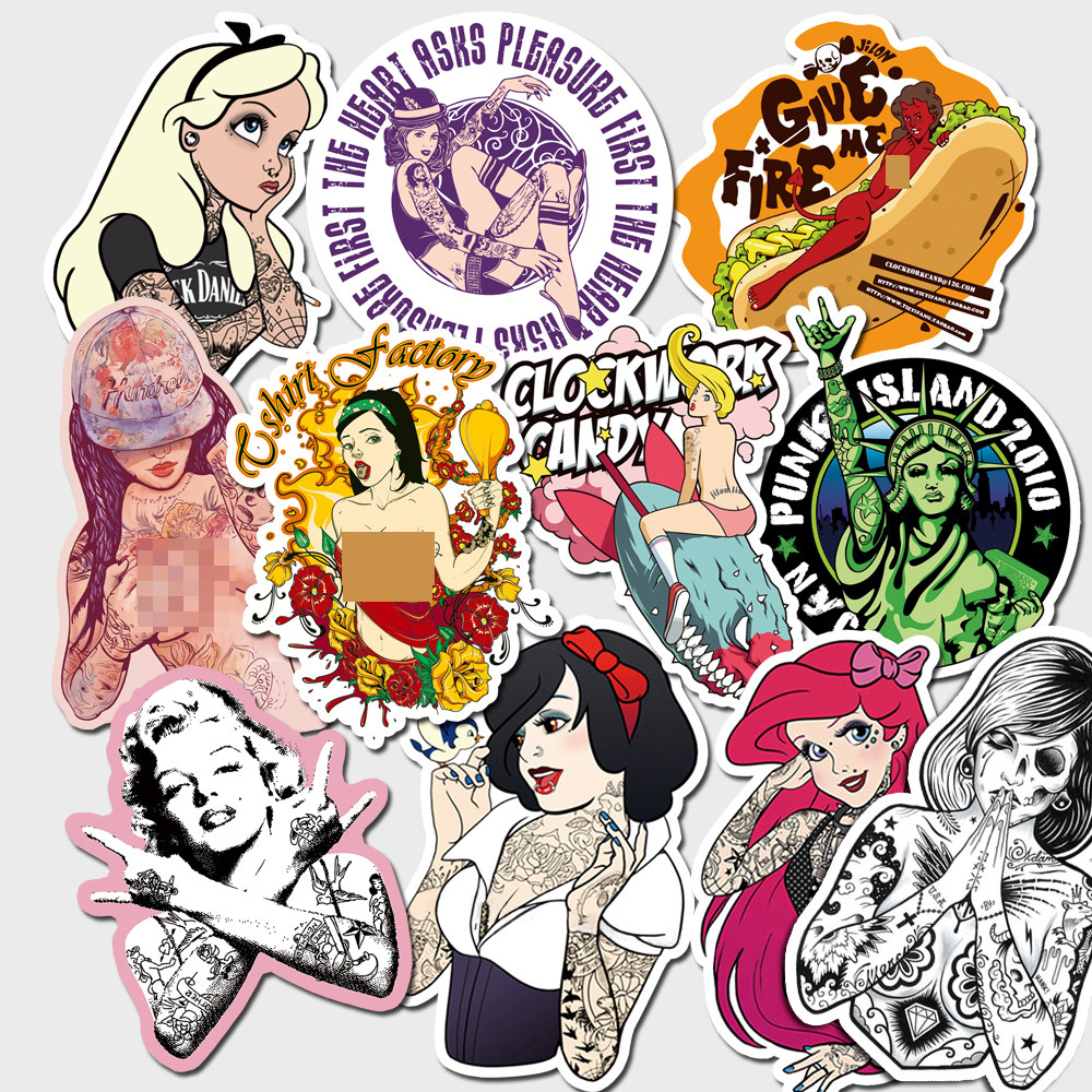 纹身美女西海岸笔记本电脑吉他滑板摇滚朋克鼓乐器说唱嘻哈防水