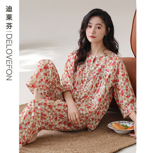 梭织纯棉睡衣女士夏季薄款七分袖夏天全棉纱布家居服夏款大码套装