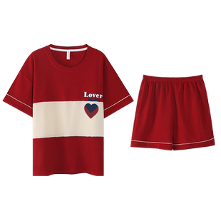 结婚睡衣情侣夏天纯棉薄款男士女式新婚大红短袖圆领家居服套装夏