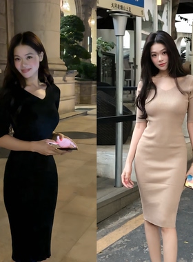 陈椿儿    秋冬V款气质包臀针织连衣裙显瘦中袖长款