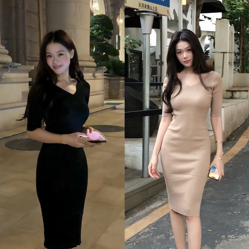 陈椿儿    秋冬V款气质包臀针织连衣裙显瘦中袖长款