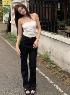 陈椿儿 黑色显瘦窄版直筒牛仔裤女弹力高腰烟管长裤