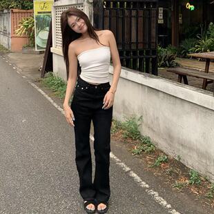 女弹力高腰烟管长裤 直筒牛仔裤 黑色显瘦窄版 陈椿儿