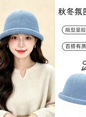 韩系ins秋日氛围感复古针织渔夫帽女秋冬卷边礼帽显脸小盆帽