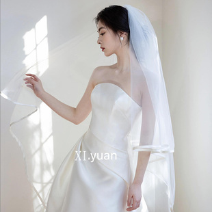 新娘头纱主婚纱缎面包边张馨予同款韩式简约高级感大拖尾超仙森系